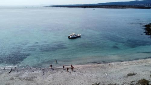 Gommone davanti spiaggia con mare turchese sull'isola dell'Asinara