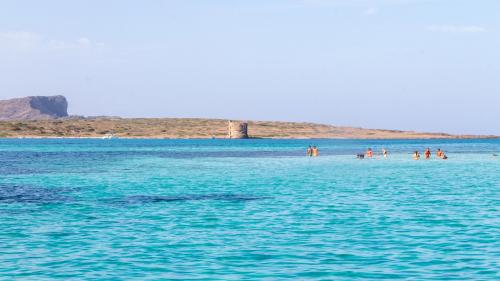 Escursionisti fanno il bagno davanti alla torre della Finanza 