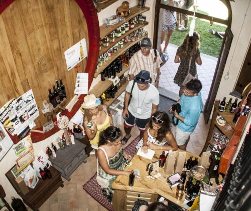 Excursionistas en la tienda de vinos de la tierra de una bodega en Tramatza