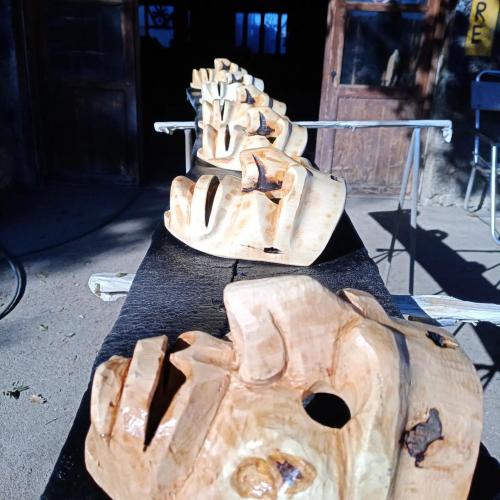 <p>Details of Sardinian masks in a workshop in Mamoiada</p>