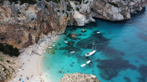 Top view of the sailing boat during the excursion in the Gulf of Orosei