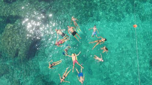 <p>Group of hikers swims and snorkels in the Marine Protected Area of Capo Caccia and its crystal clear waters</p>