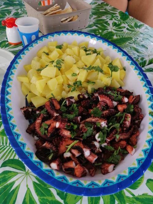 <p>Déjeuner servi à bord d’une poissonnerie avec poulpe et pommes de terre</p><p><br></p>