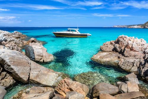 Motorboat and crystal clear sea of southern Corsica during full day with skipper and lunch on board