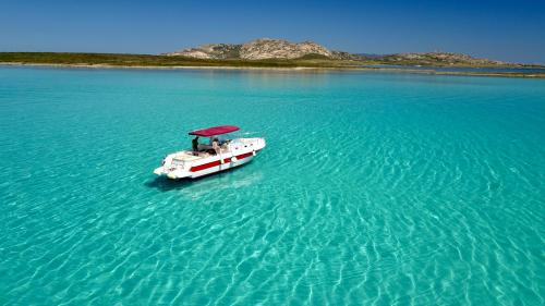 Boot auf dem kristallklaren Meer des Golfs von Asinara