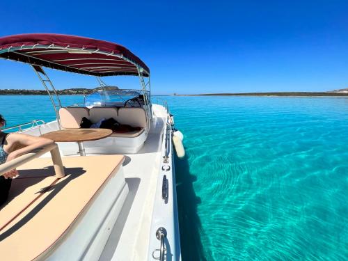 Barca durante tour nel mare cristallino di fronte all'Asinara