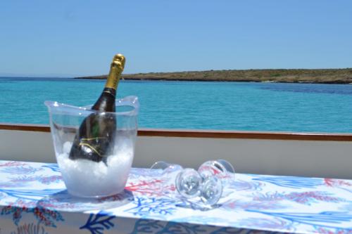 Vino bianco nel secchiello col ghiaccio in barca all'Asinara