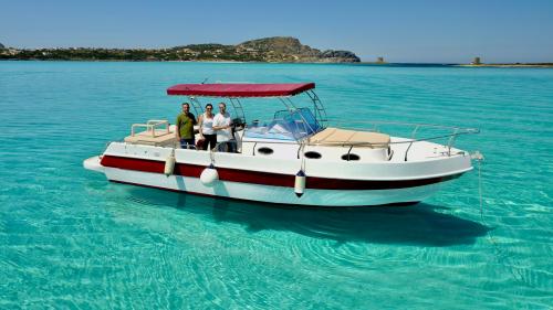 Barca naviga nel mare turchese di fronte all'isola dell'Asinara