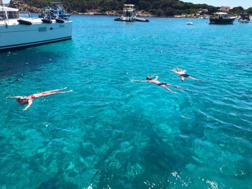 Wanderer, die während eines Bootsausflugs im Meer des Archipels von La Maddalena schwimmen