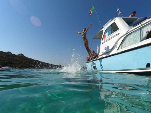Junger Mann taucht vom Boot ins Meer bei Palau, La Maddalena