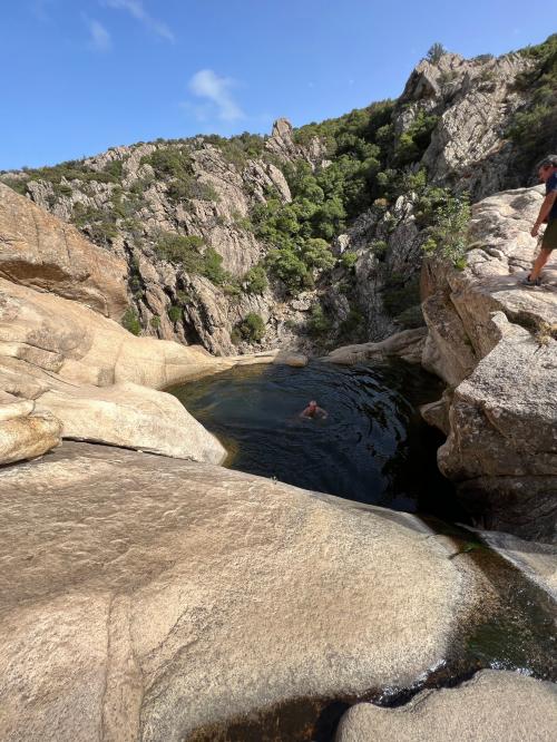 hikers in the natural pools of riu pitrisconi in San Teodoro