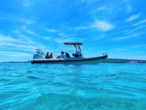 <p>Bateau gonflable avec auvent dans la mer bleue de la région de Carloforte</p><p><br></p>