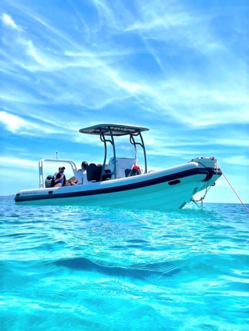 Gommone con tendalino nel mare celeste della zona di Carloforte