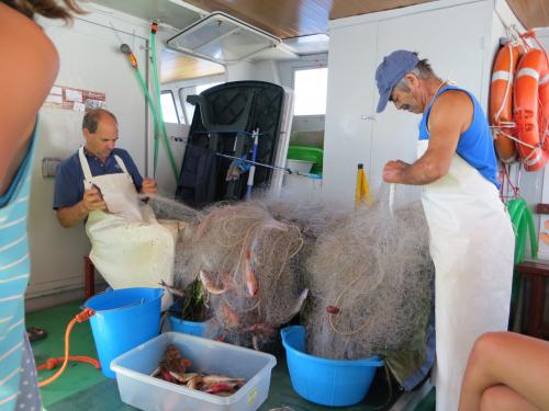 Preparazione delle reti da pesca sopra una barca