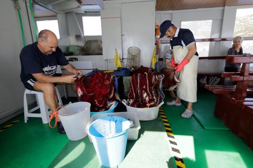 Cleaning of freshly caught fish by boat