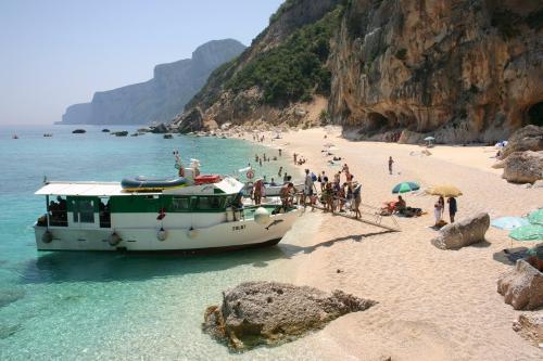 Fishing boat moors in Cala Luna during fishing day