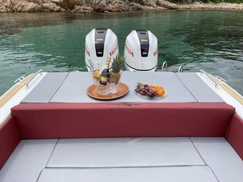 <p>Aperitif an Bord eines Schlauchbootes mit Kissen zum Sonnenbaden während Touren im Süden Korsikas</p><p><br></p>