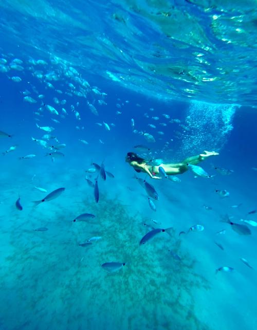Mädchen beim Schnorcheln zwischen Fischen im azurblauen Wasser des Golfs von Cagliari