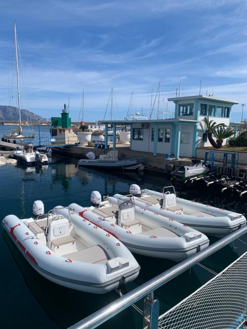 Rubber boats in the port of Arbatax