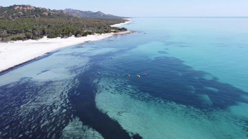 Foto panoramica della costa di Biderosa con escursionisti in kayak che pagaiano tra acque limpide in cui fare snorkeling