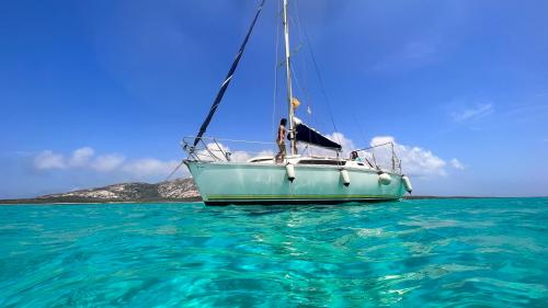 Equinoxe boat in the blue water of Asinara National Park