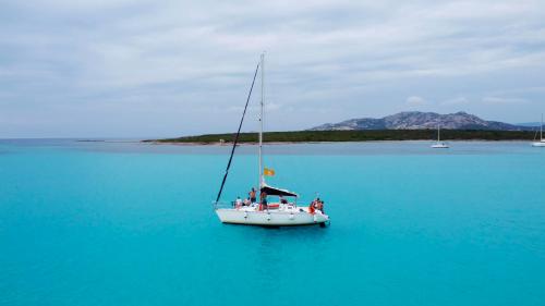 Sailboat Equinoxe filmed from above with passengers on board in the waters of La Pelosa