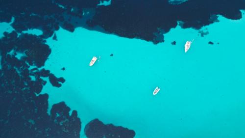 Boats filmed from above in the blue water of Asinara