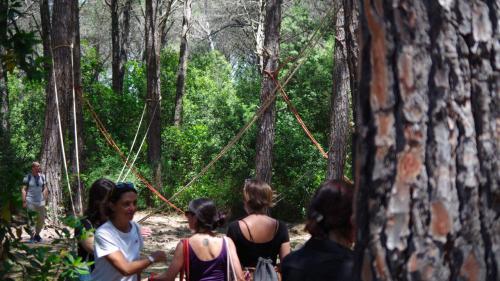 Visitatori nel bosco nel parco del Limbara
