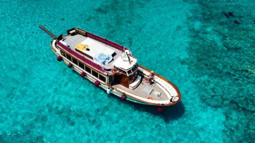 Motorship Apollo II sails in the blue sea of the La Maddalena Archipelago