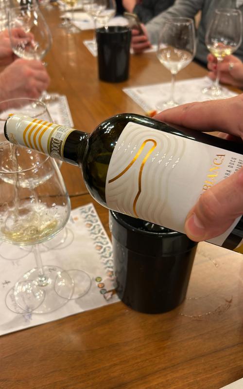 Guide pours white wine into a goblet