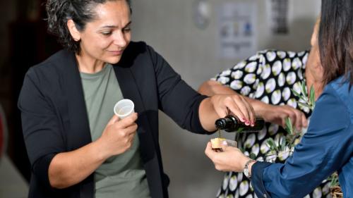 Tasting of olive oil produced in the Lotzorai oil mill 
