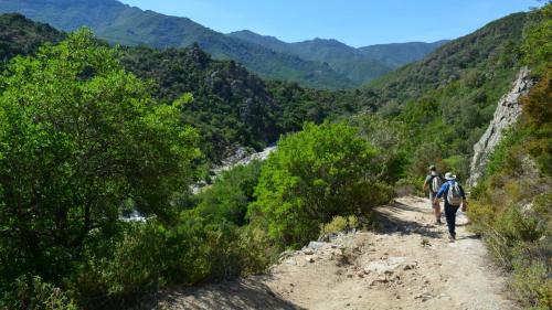 Hikers walk the trail to Gorropu from Dorgali