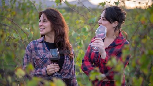 Mädchen trinken Wein in einem Weinkeller in Iglesias