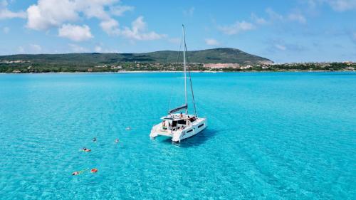 Catamaran stops in the blue water of Asinara