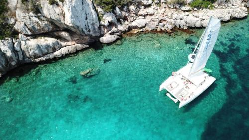 Catamaran stop in the crystal clear water of Porto Conte Park