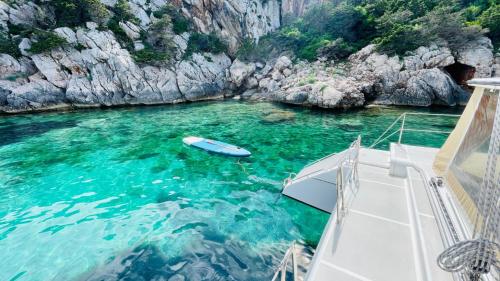 Catamaran stops in the crystal clear water of Porto Conte Park