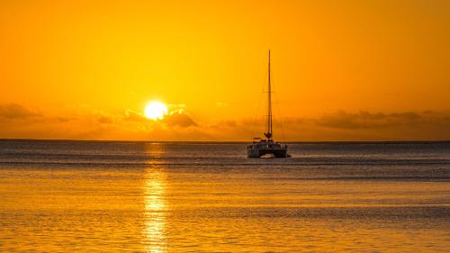 Catamaran naviguant dans les eaux calmes du parc de Porto Conte au coucher du soleil
