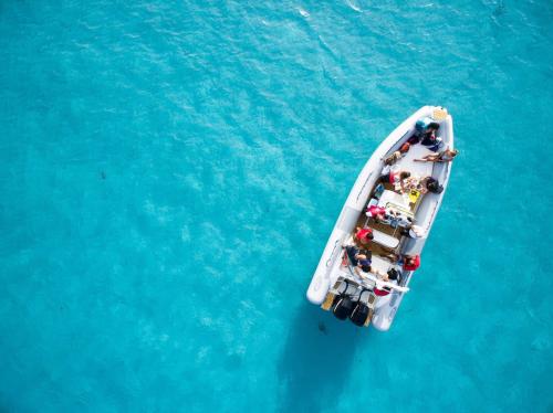 Schlauchboot mit Passagieren im blauen Meer von Asinara