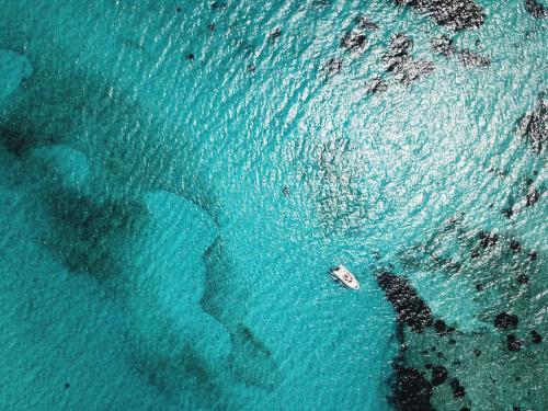 Lancha neumática desde arriba en las aguas del Golfo de Asinara