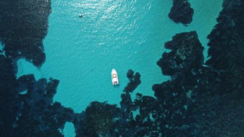 Lancha neumática desde arriba en las aguas del Golfo de Asinara
