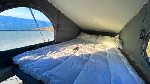 Bed inside the camper in the folding roof