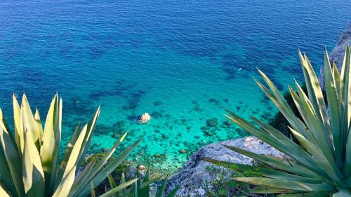 Vista sull'acqua color smeraldo nella costa di Cagliari
