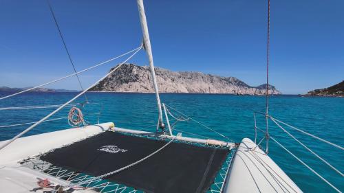 Prua del catamarano con la rete prendisole 