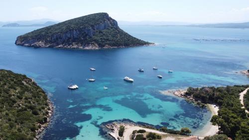 Blick auf die Bucht von Cala Moresca mit der Insel Figarolo