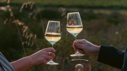 Sunset toast with two glasses of Vermentino