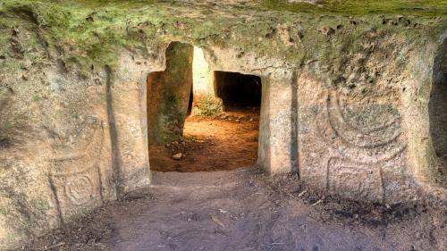 Ingresso di una domus de janas nella zona di Alghero con simboli antichi 