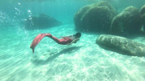 Un touriste nage avec une queue de sirène dans la mer du golfe de Cagliari