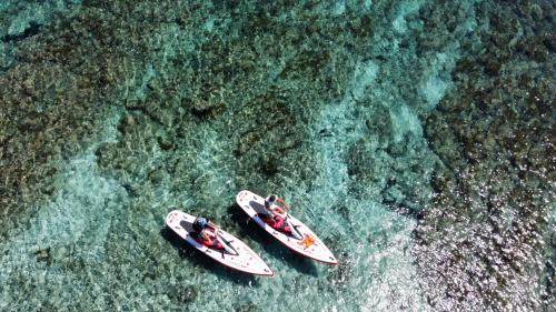 Bici d'acqua viste dall'alto nelle acque della Pelosa