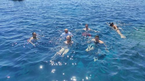 Los participantes en la excursión en bote de Cagliari se dan un baño