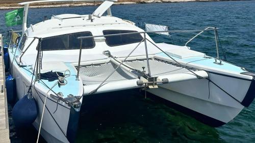 Poppa del catamarano con rete prendisole nelle acque di Stintino